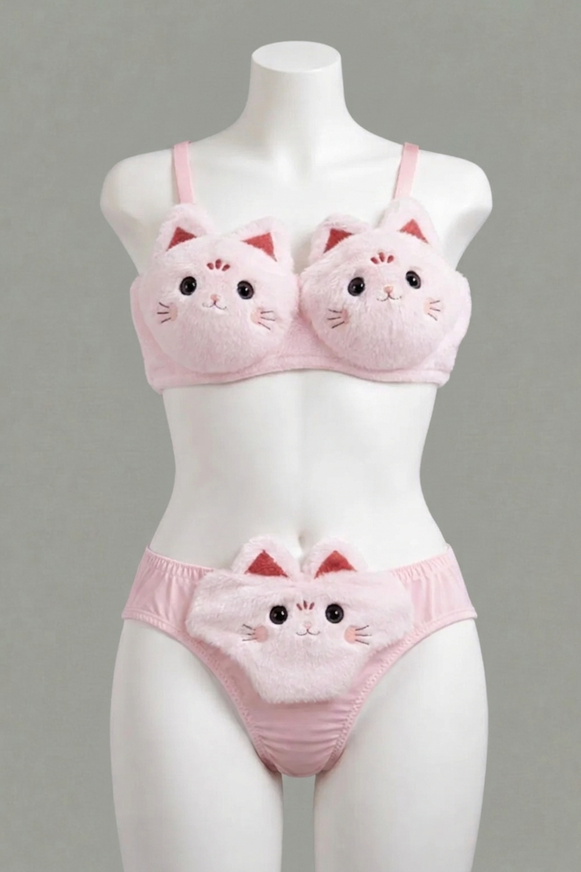 Cute Fluffy Catty Bra set